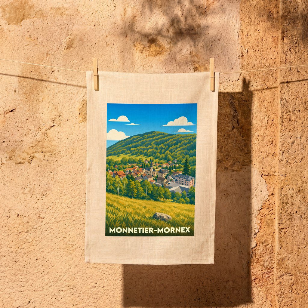 Torchon souvenir de la ville de Monnetier-Mornex avec une illustration stylisée d'un paysage montagneux.