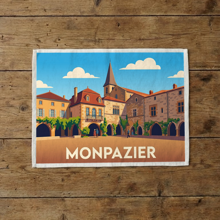 Torchon souvenir de la ville de Monpazier avec une illustration stylisée.