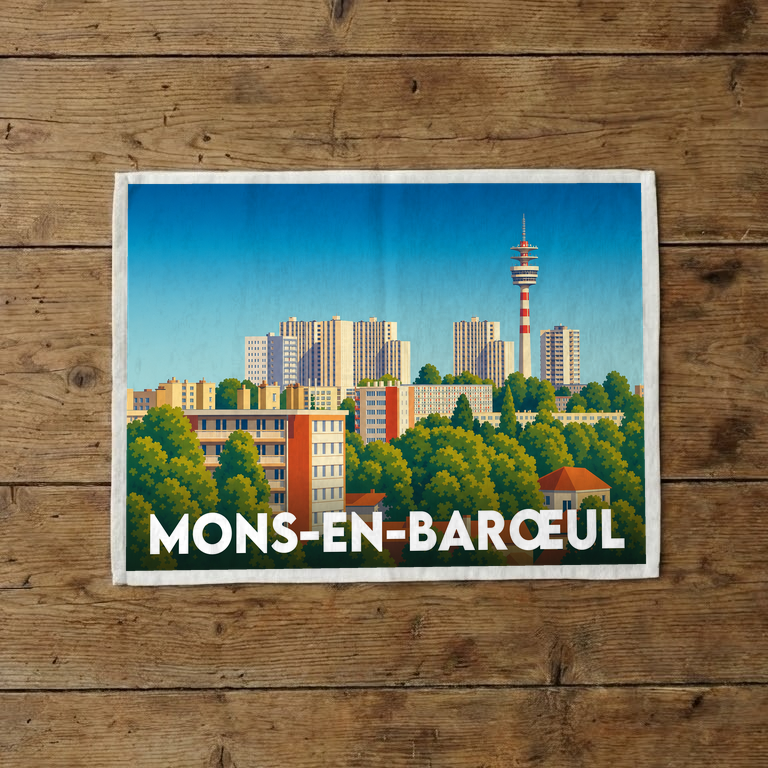 Torchon souvenir de la ville de Mons-en-Barœul avec une illustration stylisée de son paysage urbain.