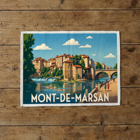 Torchon souvenir de la ville de Mont-de-Marsan avec une illustration stylisée.