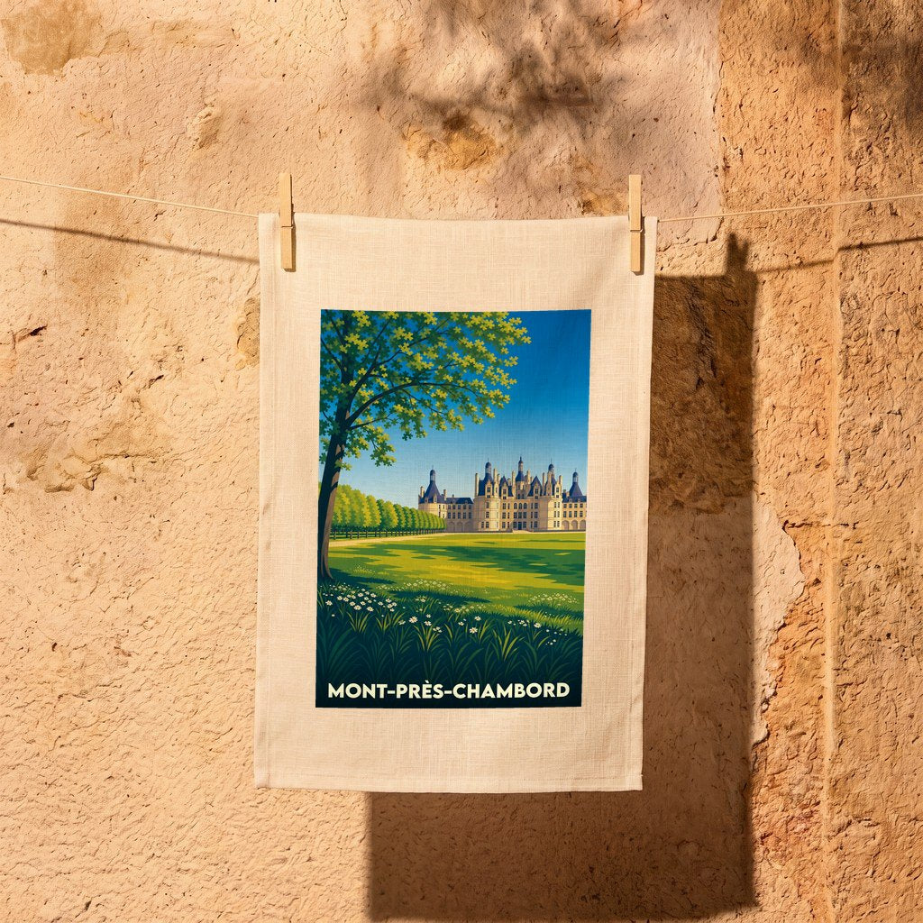 Torchon souvenir de la ville de Mont-près-Chambord avec une illustration stylisée du château de Chambord.