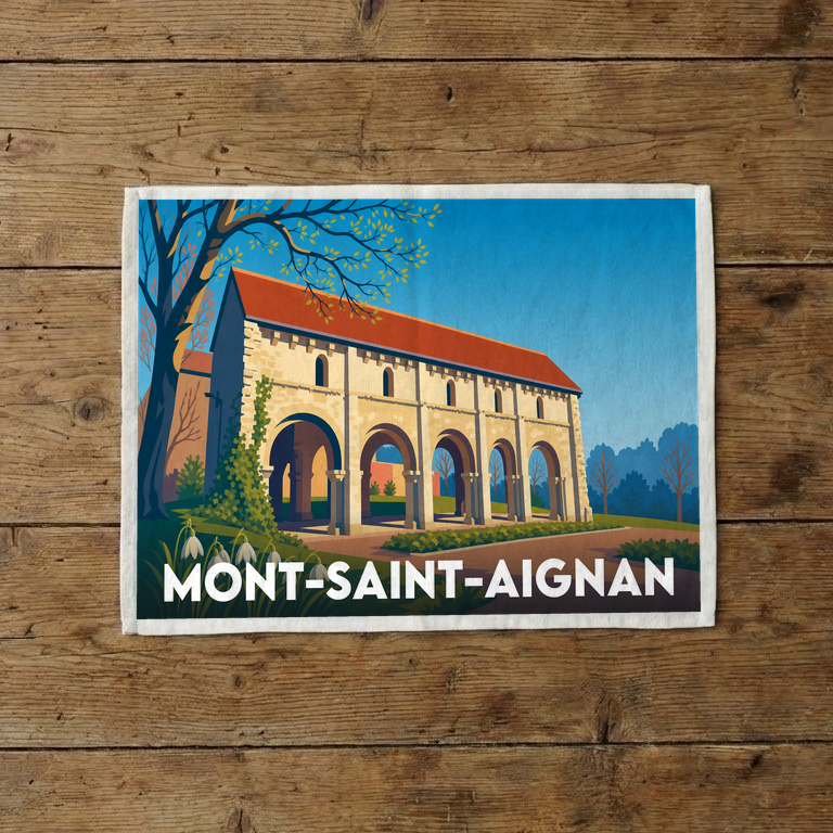 Torchon souvenir de la ville de Mont-Saint-Aignan avec une illustration stylisée de son patrimoine architectural.