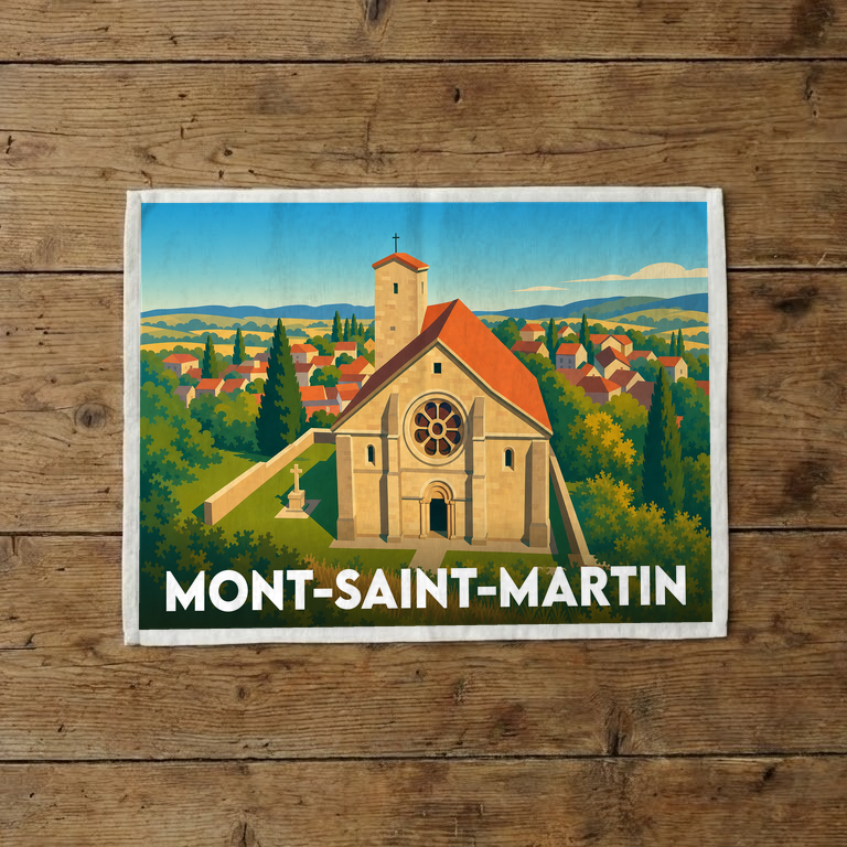 Torchon souvenir de la ville de Mont-Saint-Martin avec une illustration stylisée de son église et de ses paysages.