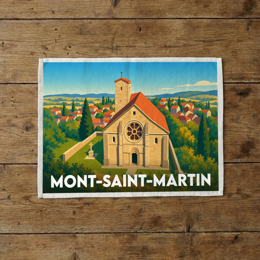 Torchon souvenir de la ville de Mont-Saint-Martin avec une illustration stylisée de son église et de ses paysages.