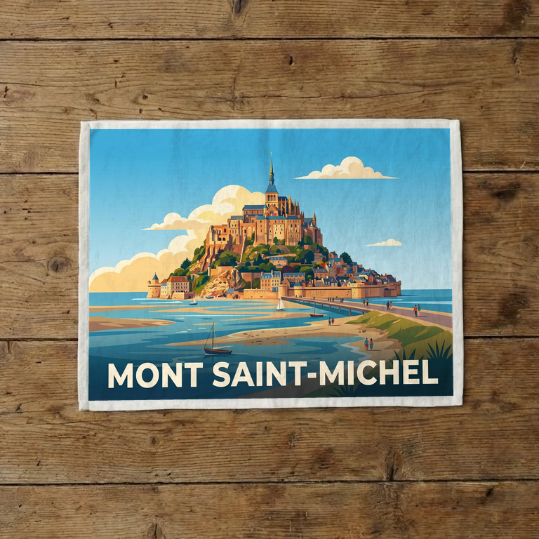 Torchon souvenir du Mont Saint-Michel avec une illustration stylisée.