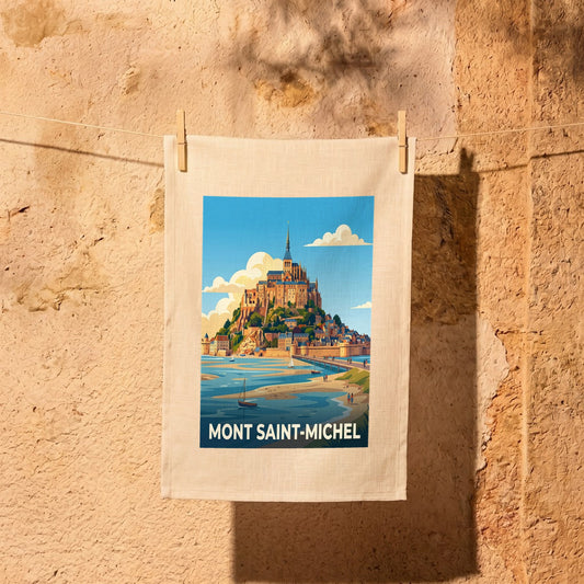 Torchon souvenir du Mont Saint-Michel avec une illustration stylisée.