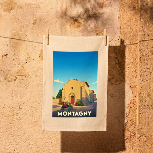 Torchon souvenir de la ville de Montagny avec une illustration stylisée de son église.