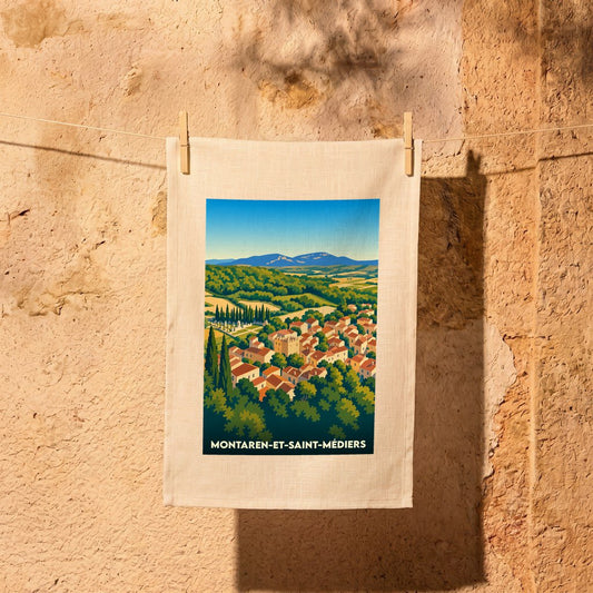 Torchon souvenir de la ville de Montaren-et-Saint-Médiers avec une illustration stylisée de son paysage vallonné.
