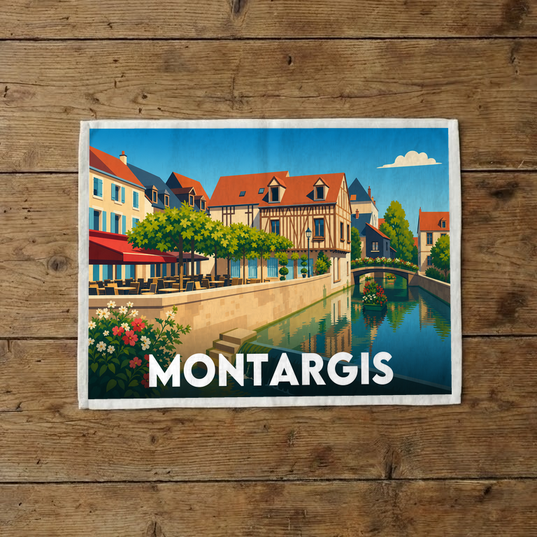 Torchon souvenir de la ville de Montargis avec une illustration stylisée d'un canal et de maisons à colombages.