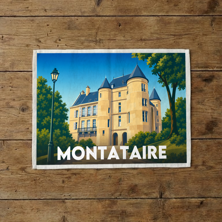 Torchon souvenir de la ville de Montataire avec une illustration stylisée de son château.