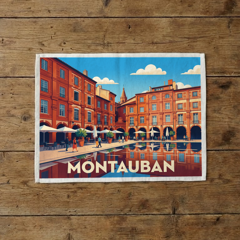 Torchon souvenir de la ville de Montauban avec une illustration stylisée de ses célèbres arcades en briques rouges.