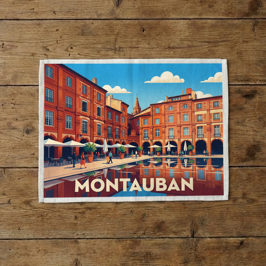 Torchon souvenir de la ville de Montauban avec une illustration stylisée de ses célèbres arcades en briques rouges.
