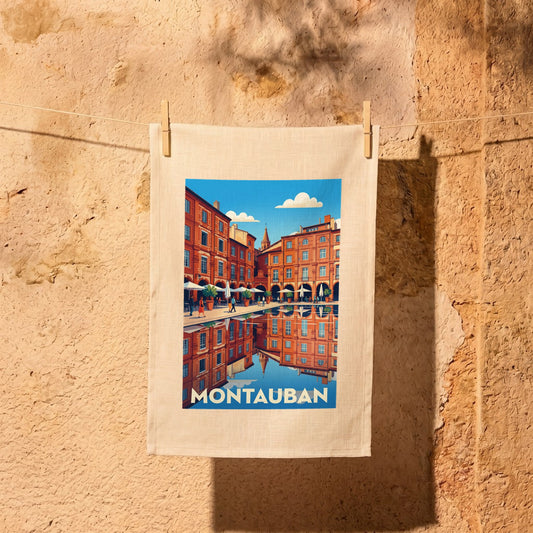 Torchon souvenir de la ville de Montauban avec une illustration stylisée de ses célèbres arcades en briques rouges.