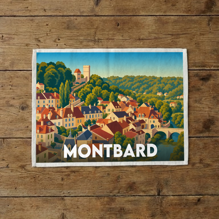 Torchon souvenir de la ville de Montbard avec une illustration stylisée.