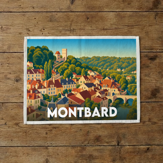Torchon souvenir de la ville de Montbard avec une illustration stylisée.