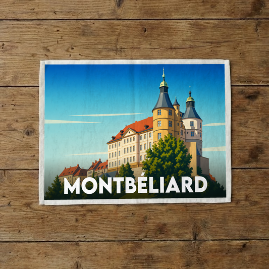 Torchon souvenir de la ville de Montbéliard avec une illustration stylisée de son château.
