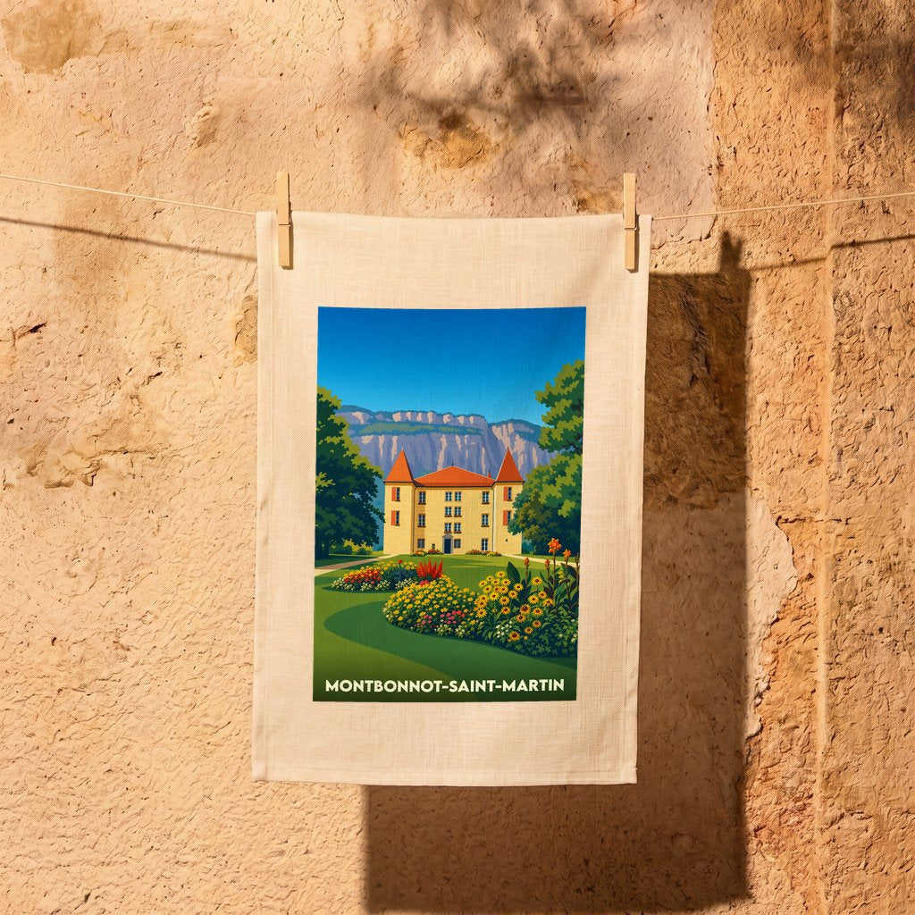 Torchon souvenir de la ville de Montbonnot-Saint-Martin avec une illustration stylisée d'un château.