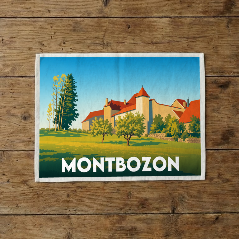 Torchon souvenir de la ville de Montbozon avec une illustration stylisée.