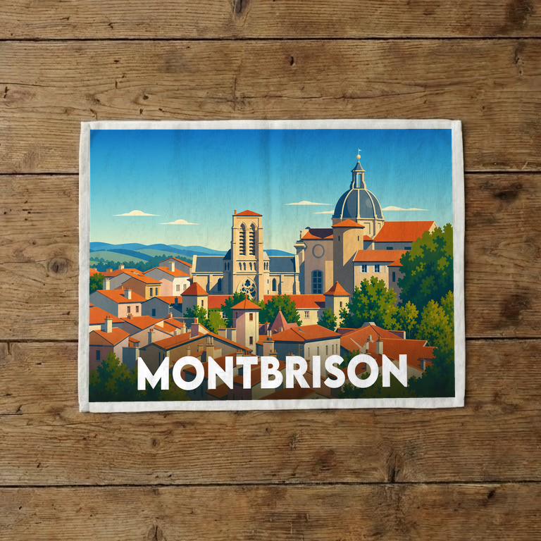 Torchon souvenir de la ville de Montbrison avec une illustration stylisée de son architecture.