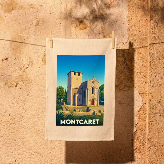 Torchon souvenir de la ville de Montcaret orné d'une illustration stylisée de son église et de ses vestiges gallo-romains.