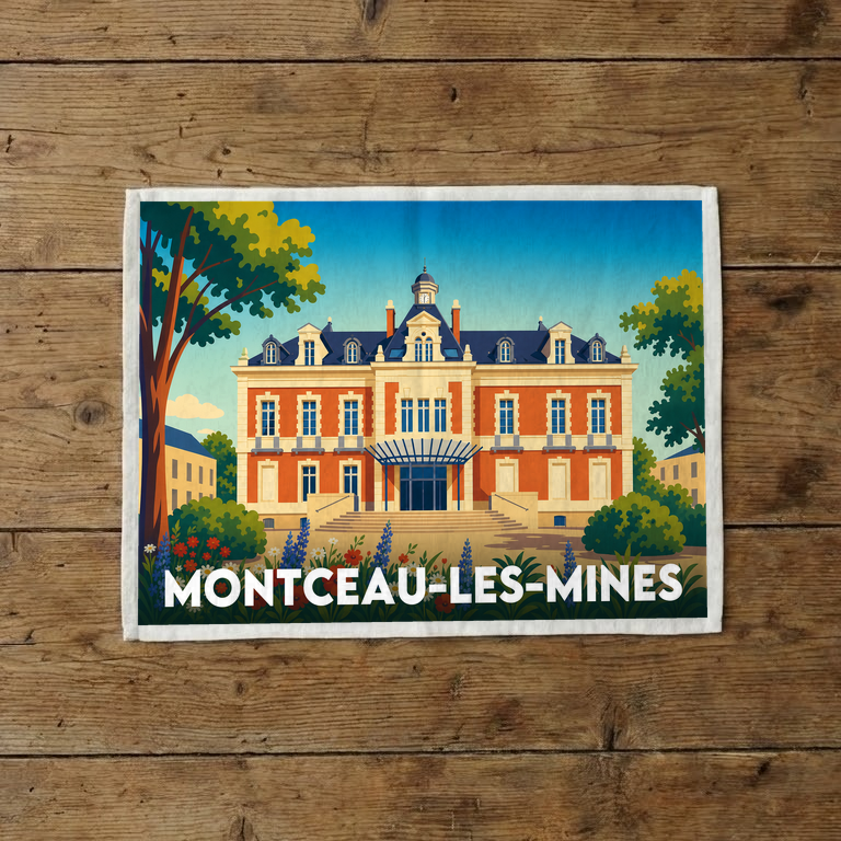 Torchon souvenir de la ville de Montceau-les-Mines avec une illustration stylisée de son hôtel de ville.