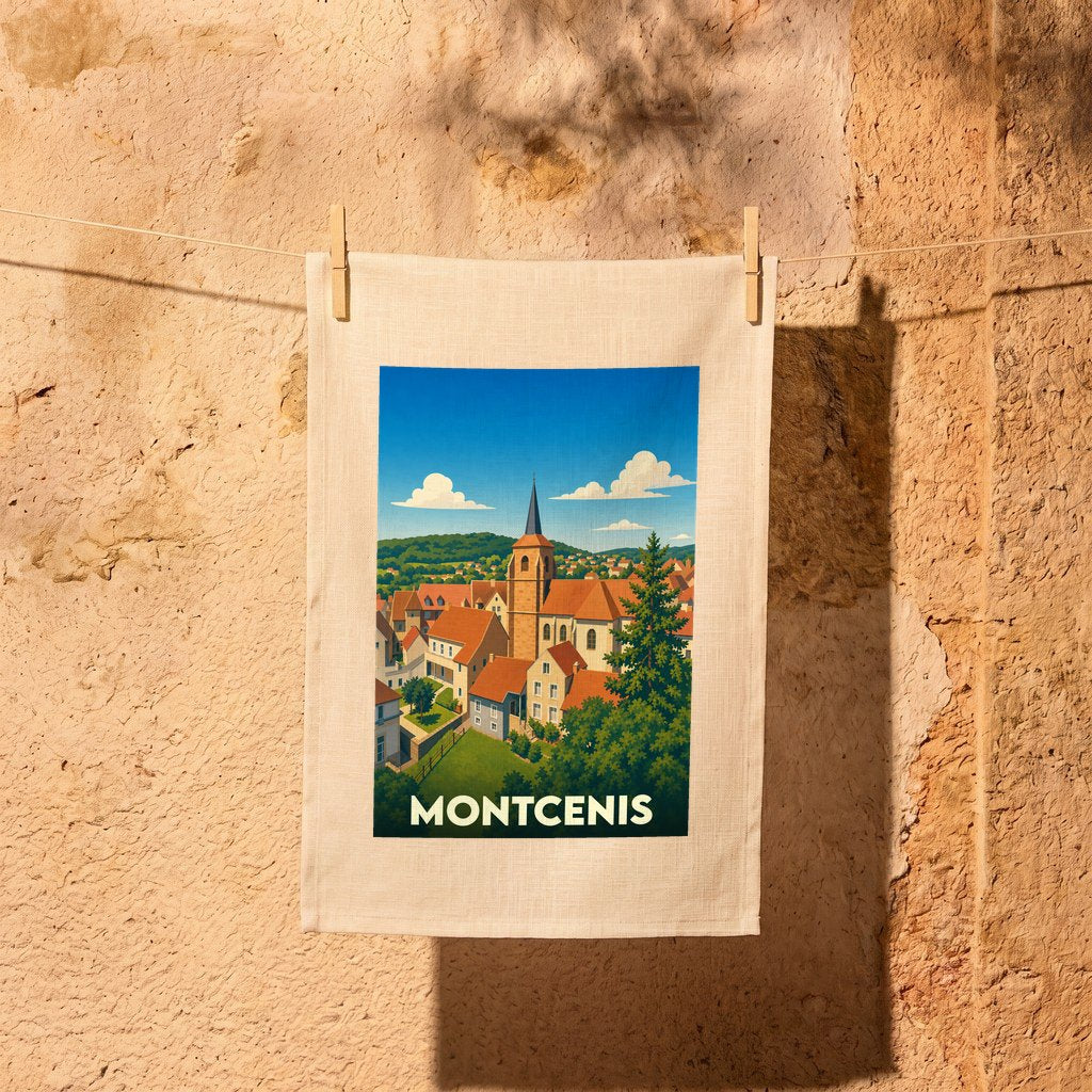 Torchon souvenir de la ville de Montcenis avec une illustration stylisée.
