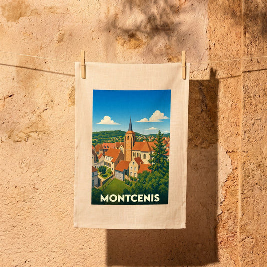 Torchon souvenir de la ville de Montcenis avec une illustration stylisée.