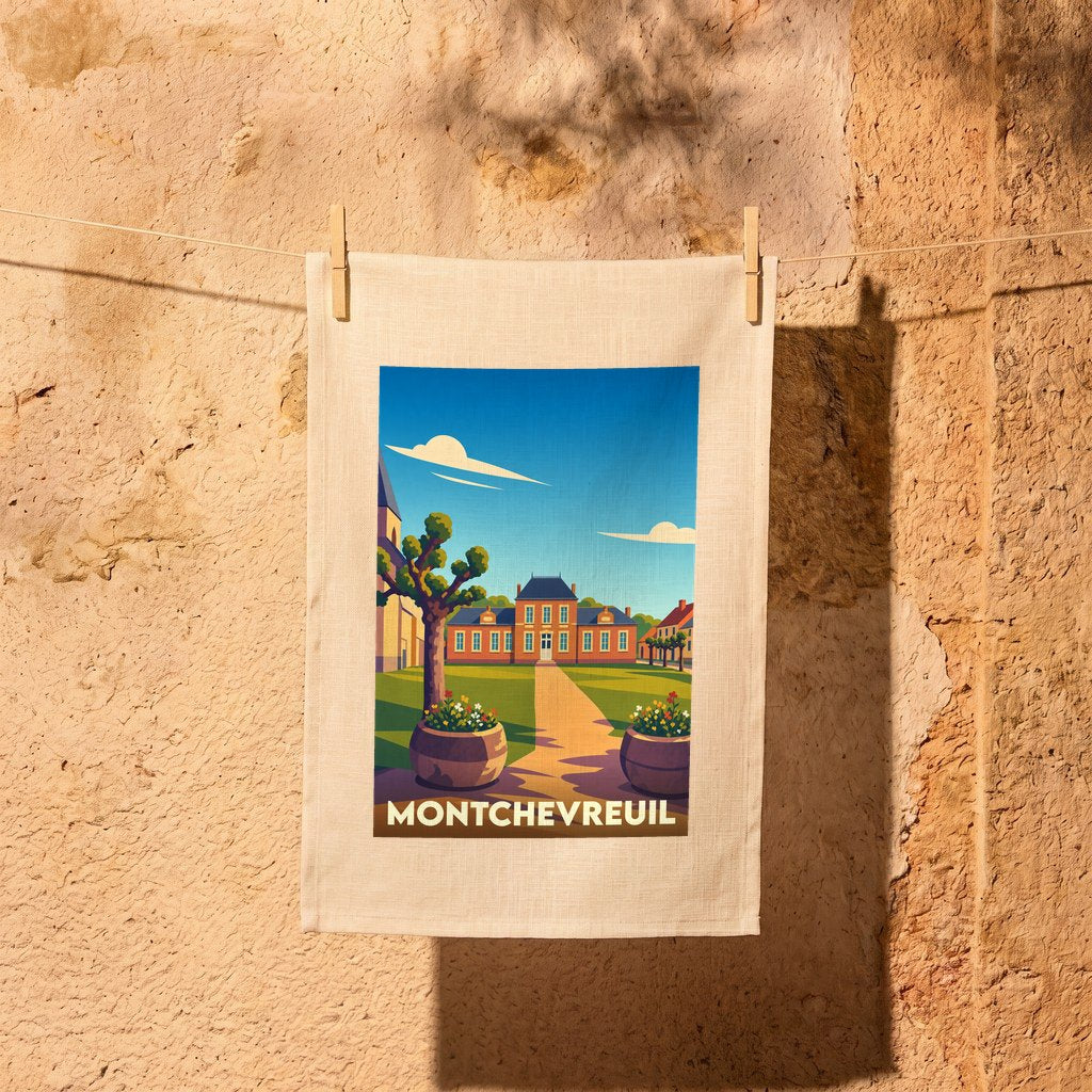 Torchon souvenir de la ville de Montchevreuil avec une illustration stylisée d'un manoir et son jardin.