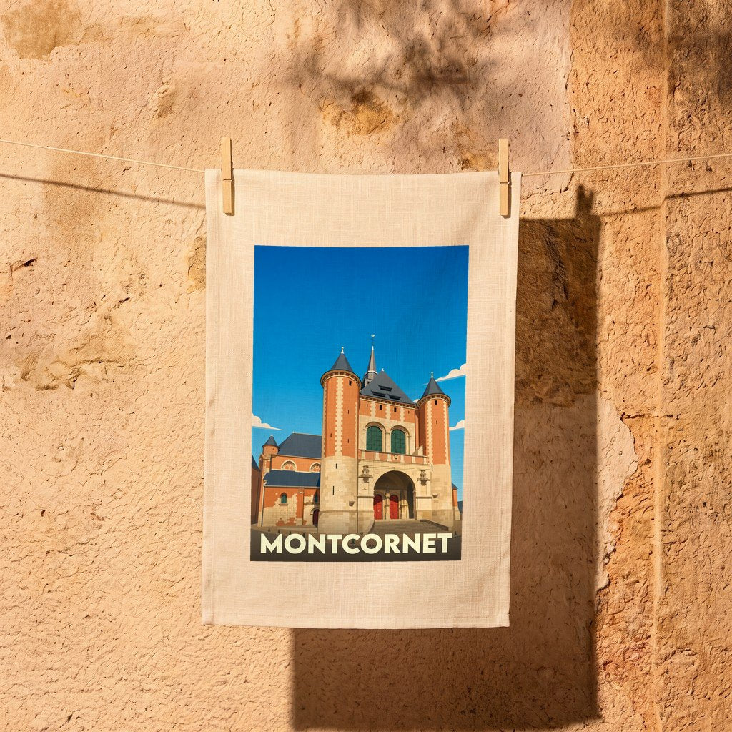 Torchon souvenir de la ville de Montcornet avec une illustration stylisée de son église fortifiée.