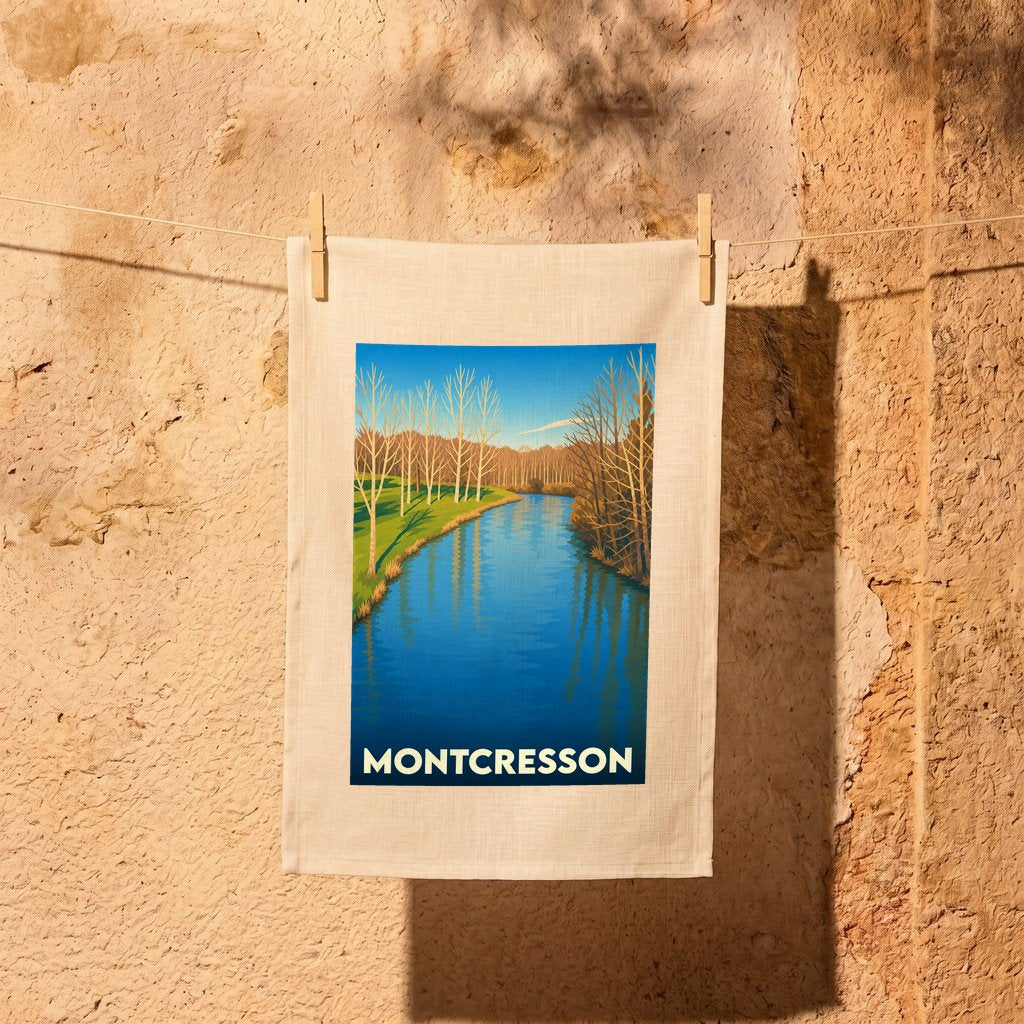 Torchon souvenir de la ville de Montcresson avec une illustration stylisée d'un canal bordé d'arbres.