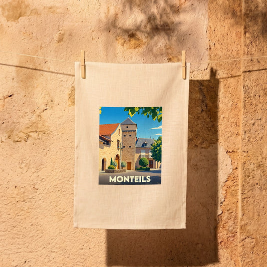 Torchon souvenir de la ville de Monteils orné d'une illustration stylisée de son architecture traditionnelle.