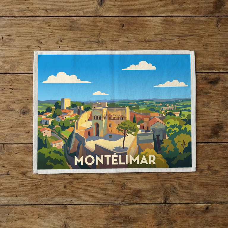 Torchon souvenir de la ville de Montélimar avec une illustration stylisée.