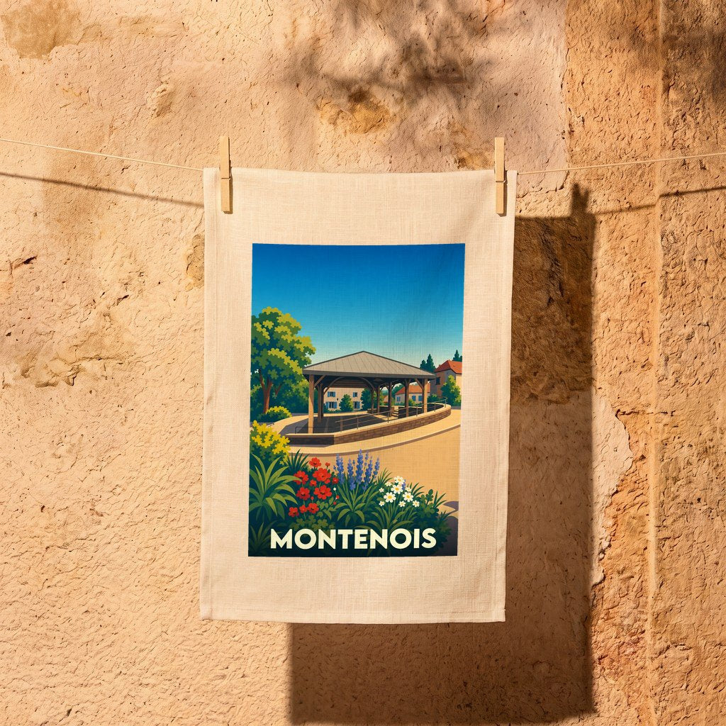 Torchon souvenir de la ville de Montenois avec une illustration stylisée.