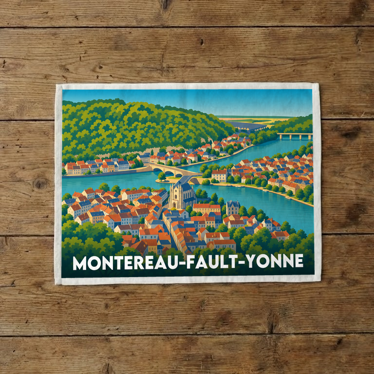 Torchon souvenir de la ville de Montereau-Fault-Yonne illustré par un paysage coloré de la ville au bord de l'eau.