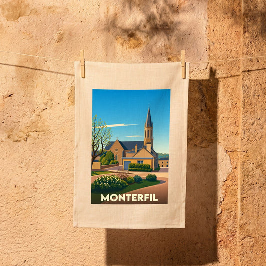 Torchon souvenir de la ville de Monterfil avec une illustration stylisée.