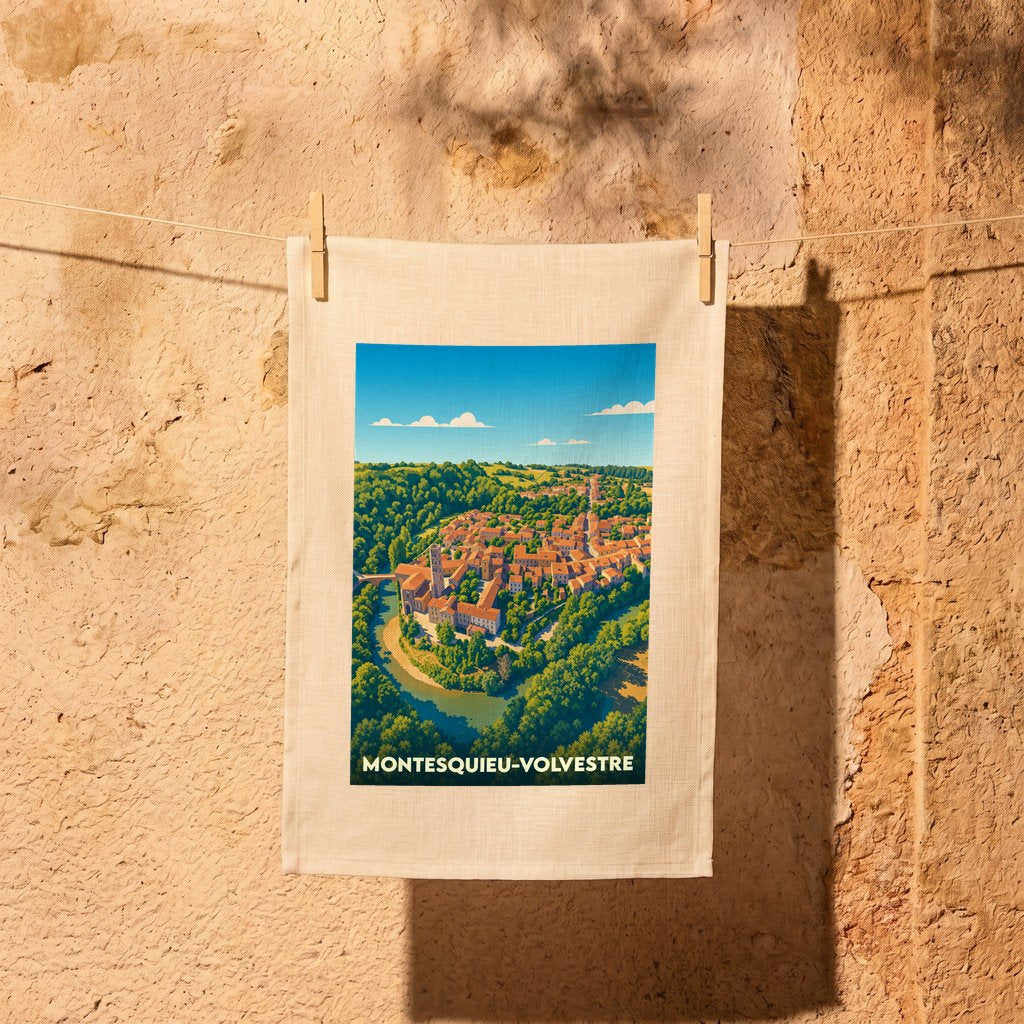 Torchon souvenir de la ville de Montesquieu-Volvestre avec une illustration stylisée.