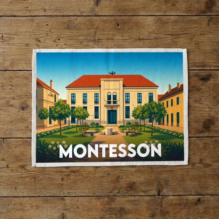 Torchon souvenir de la ville de Montesson avec une illustration stylisée de son hôtel de ville et d'un jardin.