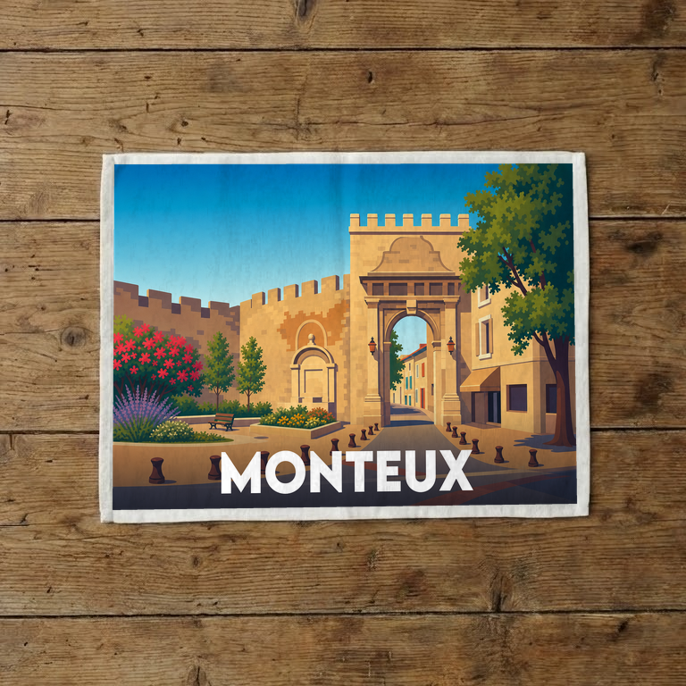 Torchon souvenir de la ville de Monteux avec une illustration stylisée.