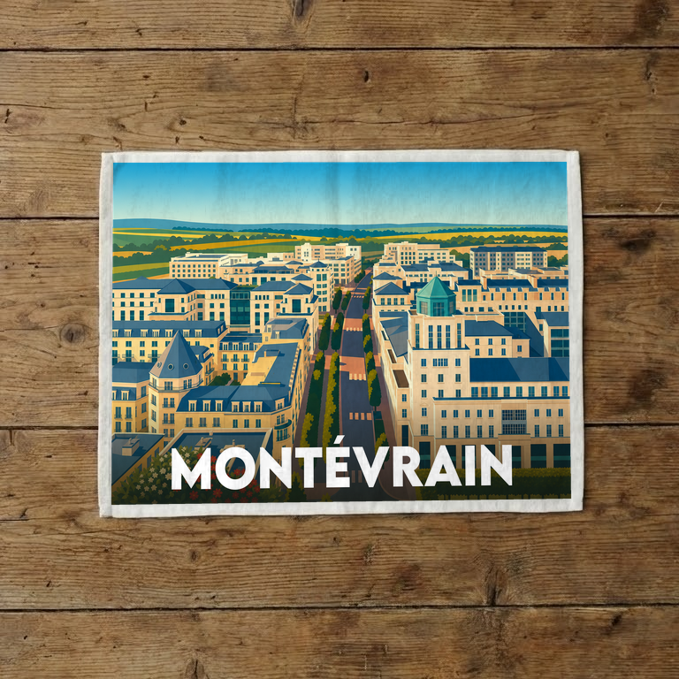 Torchon souvenir de la ville de Montévrain avec une illustration urbaine stylisée.