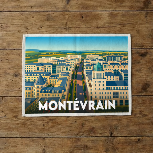 Torchon souvenir de la ville de Montévrain avec une illustration urbaine stylisée.