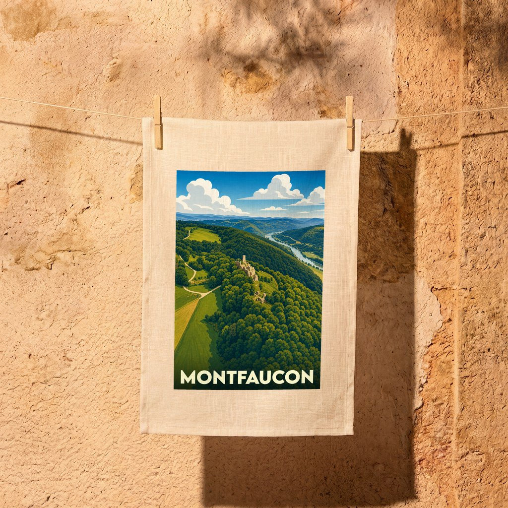 Torchon souvenir de la ville de Montfaucon avec une illustration de paysage vallonné.