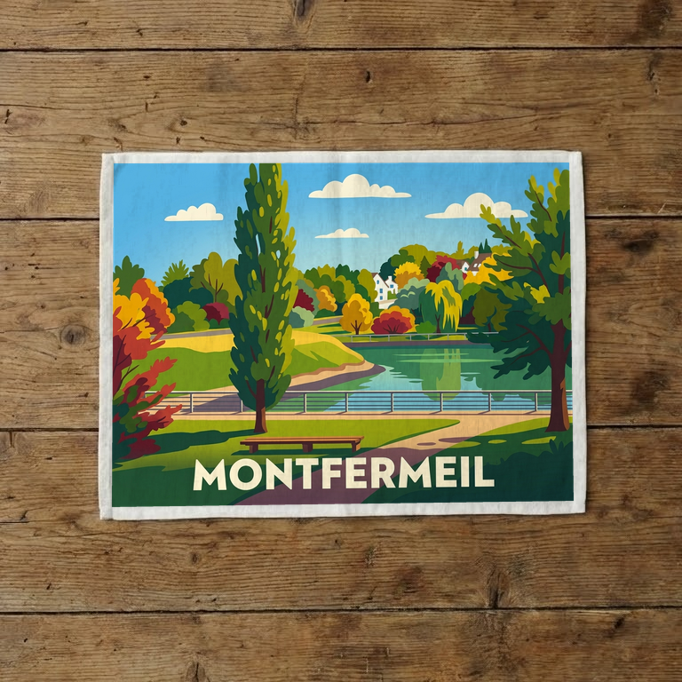Torchon souvenir de la ville de Montfermeil avec une illustration stylisée d'un parc au bord d'un étang.