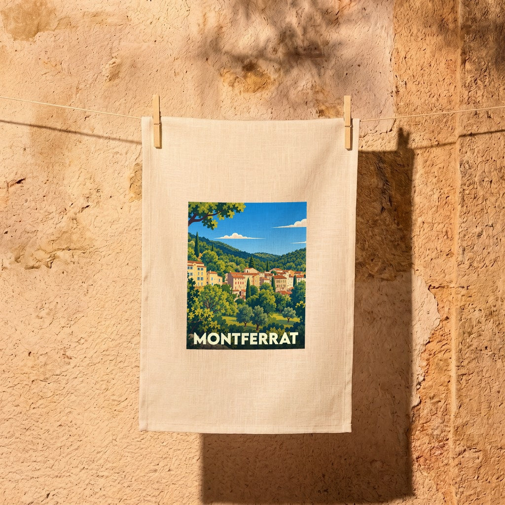 Torchon souvenir de la ville de Montferrat illustré d'un paysage provençal stylisé.