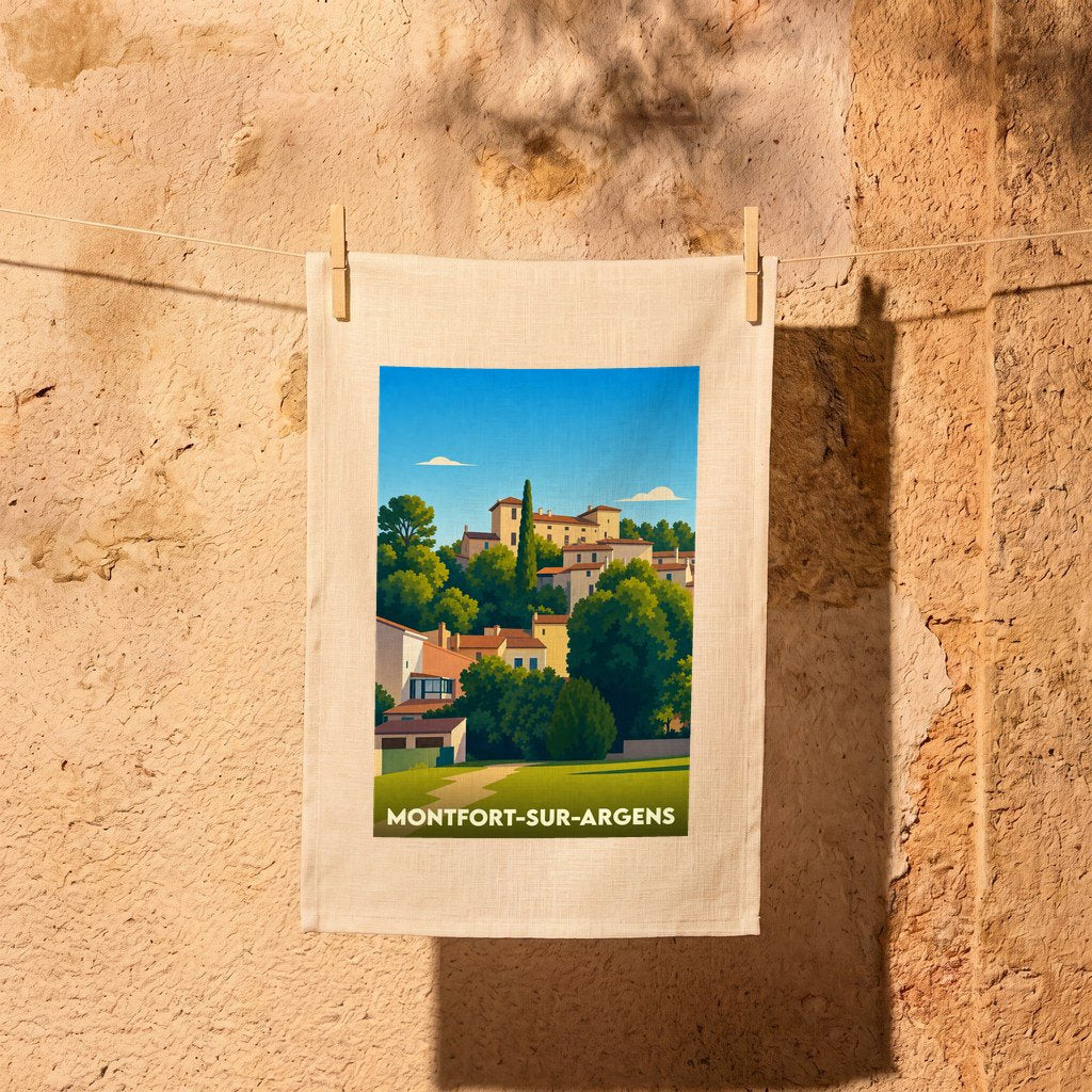 Torchon souvenir de la ville de Montfort-sur-Argens avec une illustration stylisée.