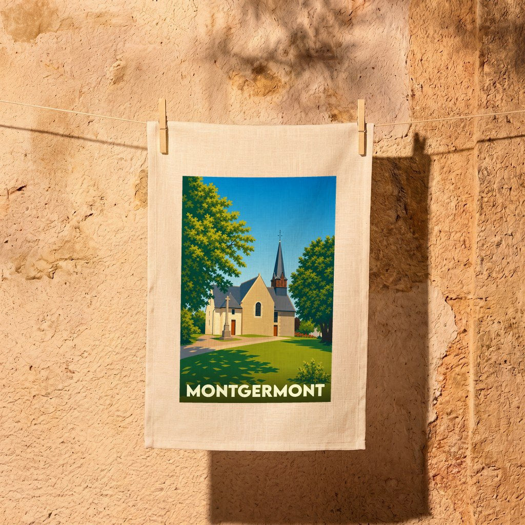Torchon souvenir de la ville de Montgermont avec une illustration stylisée de son église.