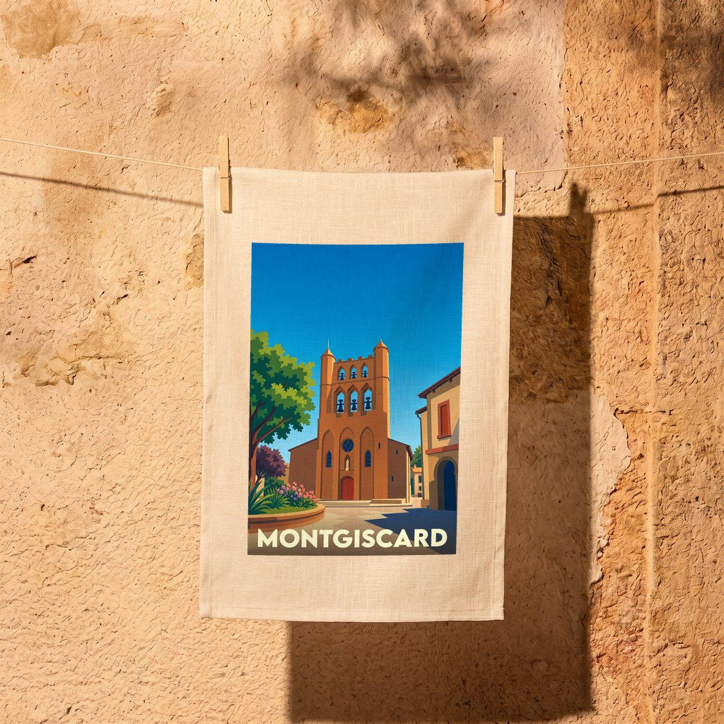 Torchon souvenir de la ville de Montgiscard avec une illustration stylisée de son église typique.