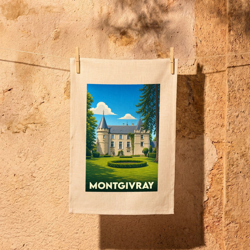 Torchon souvenir de la ville de Montgivray orné d'une illustration stylisée du château et de son parc.