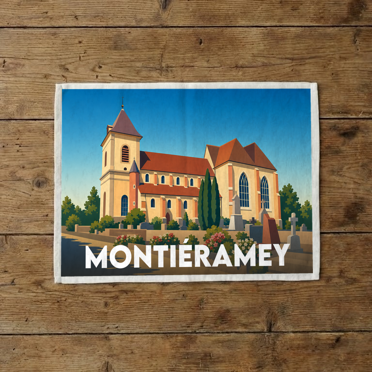 Torchon souvenir de la ville de Montiéramey avec une illustration stylisée.