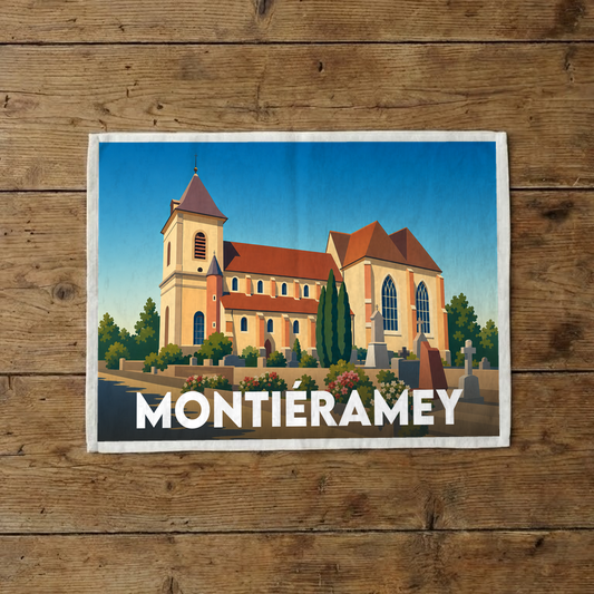 Torchon souvenir de la ville de Montiéramey avec une illustration stylisée.