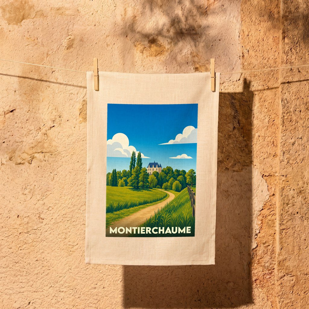 Torchon souvenir de la ville de Montierchaume avec une illustration stylisée d'un paysage de campagne.